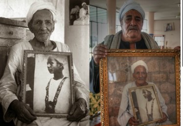Hussein Abd El-Rassul as an older man, holding his photo of himself as a boy, and his son, holding the earlier photo, courtesy Egyptian Streets.